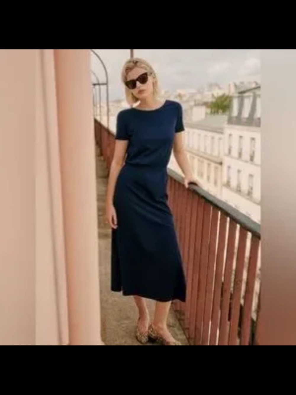 Sézane Navy Short-Sleeve Midi Dress with Elastic Waist - Open Back